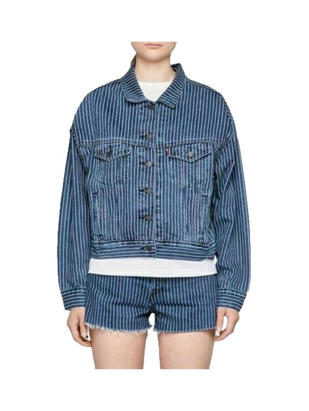 NWT LEVIS x STRANGER THINGS Denim Jean Trucker Jacket Blue Striped Vintage XS